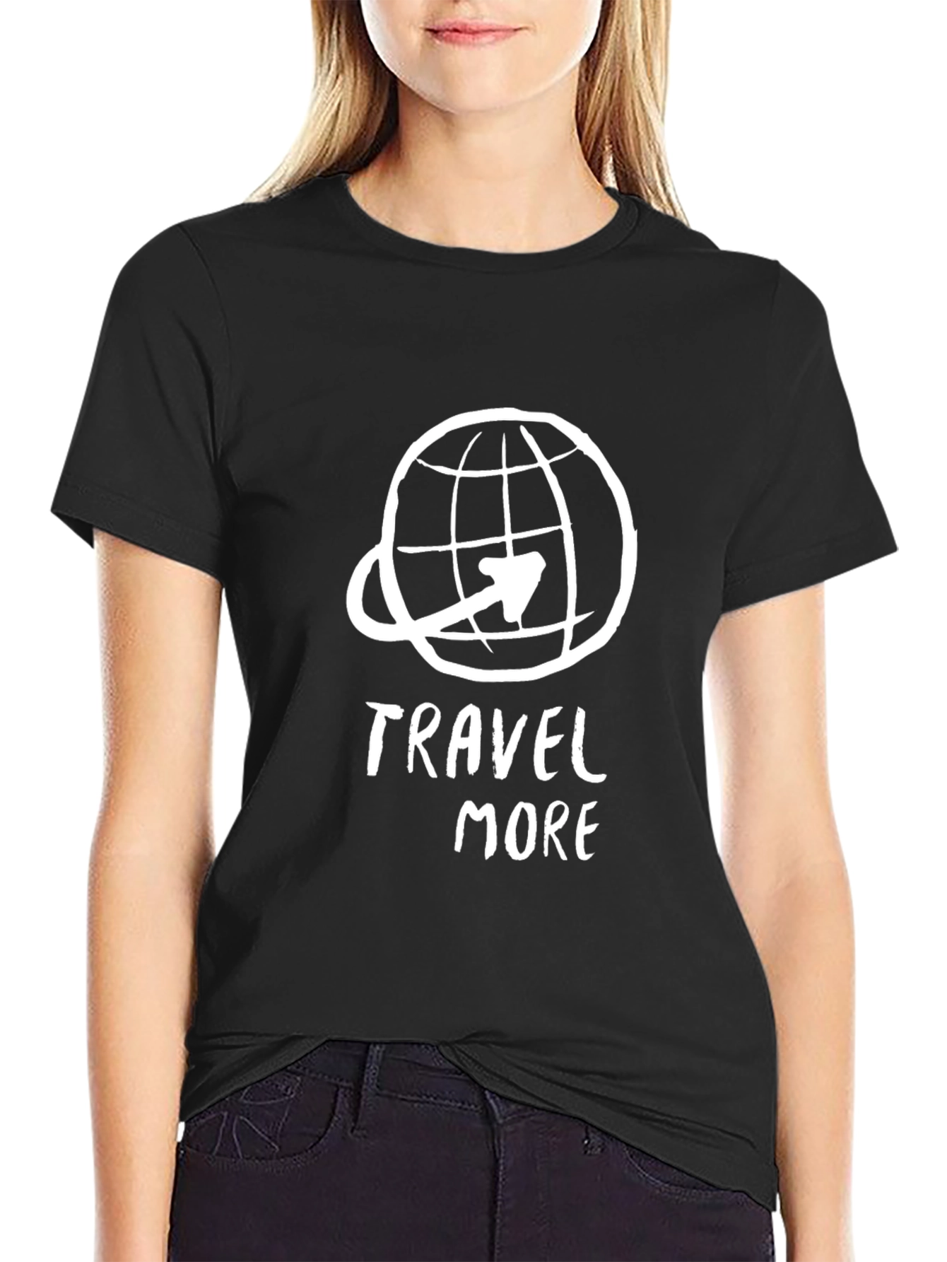 Travel More Black Graphic Tee - Globe Airplane Design
