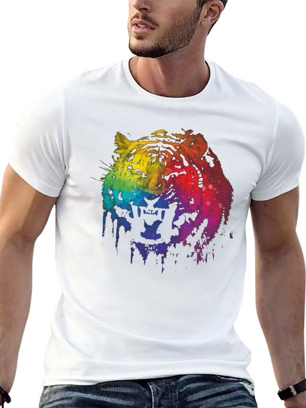 Rainbow Tiger Graphic Print Black T-Shirt