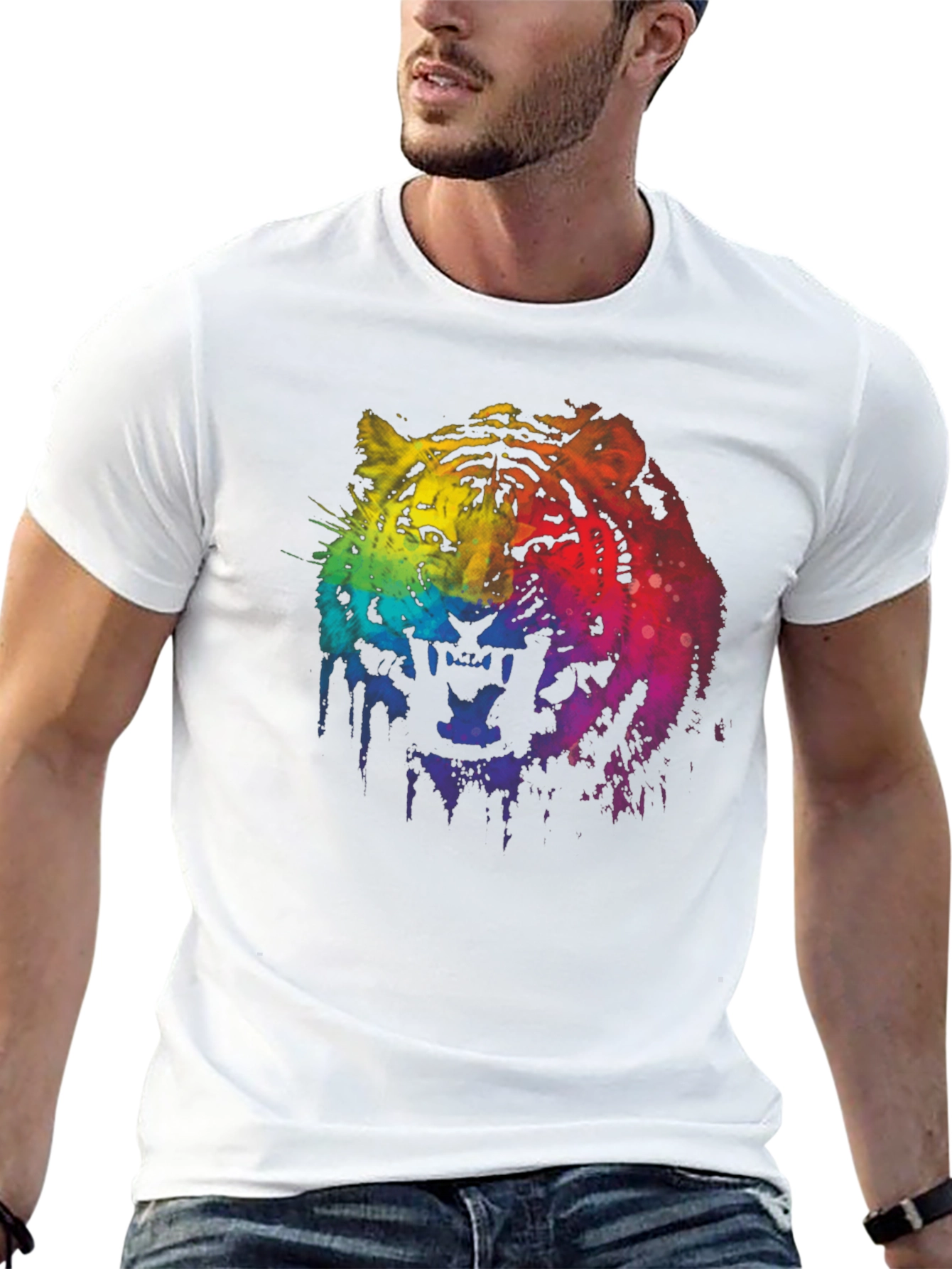Rainbow Tiger Graphic Print Black T-Shirt