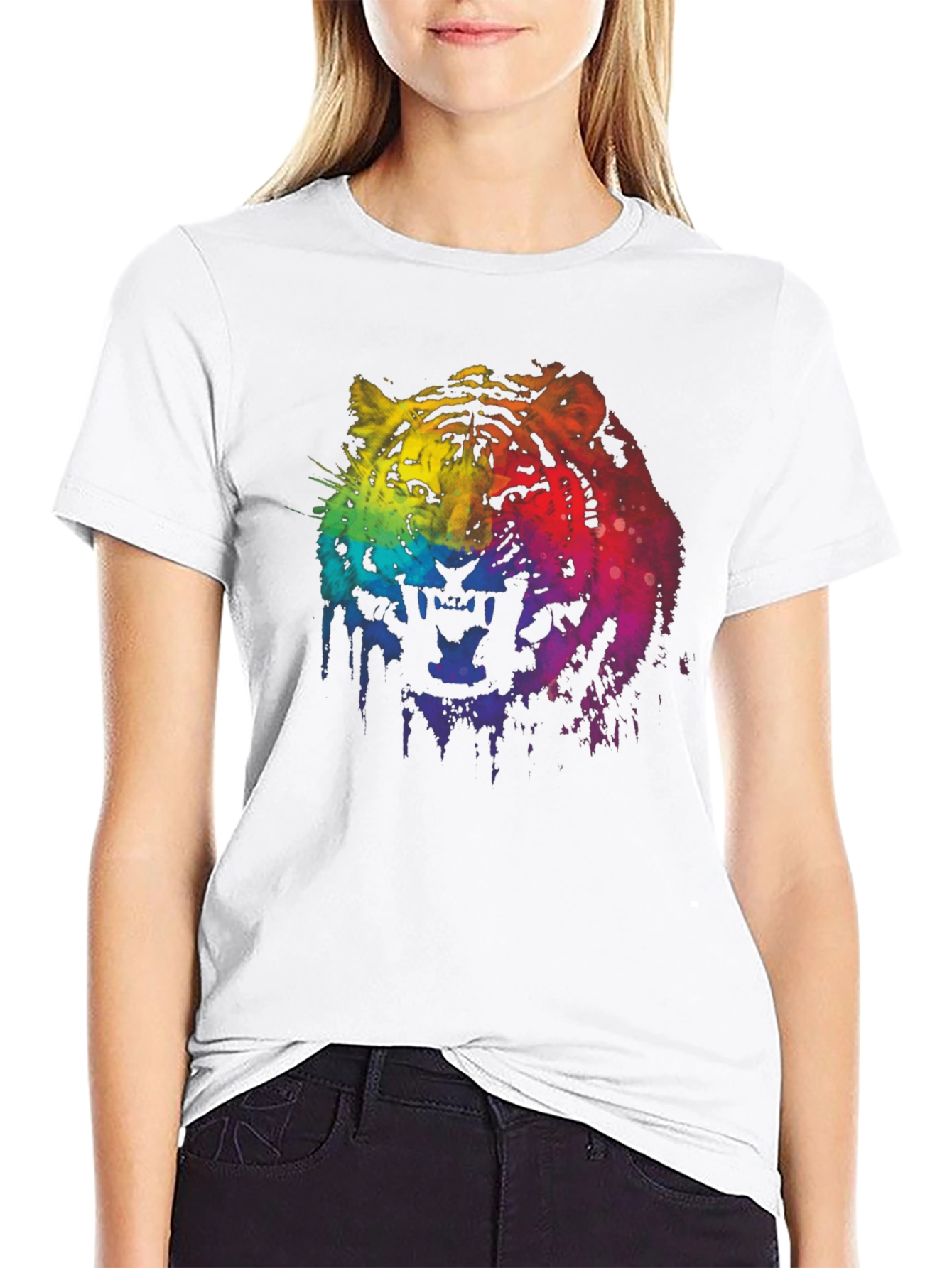 Rainbow Tiger Graphic Print Black T-Shirt