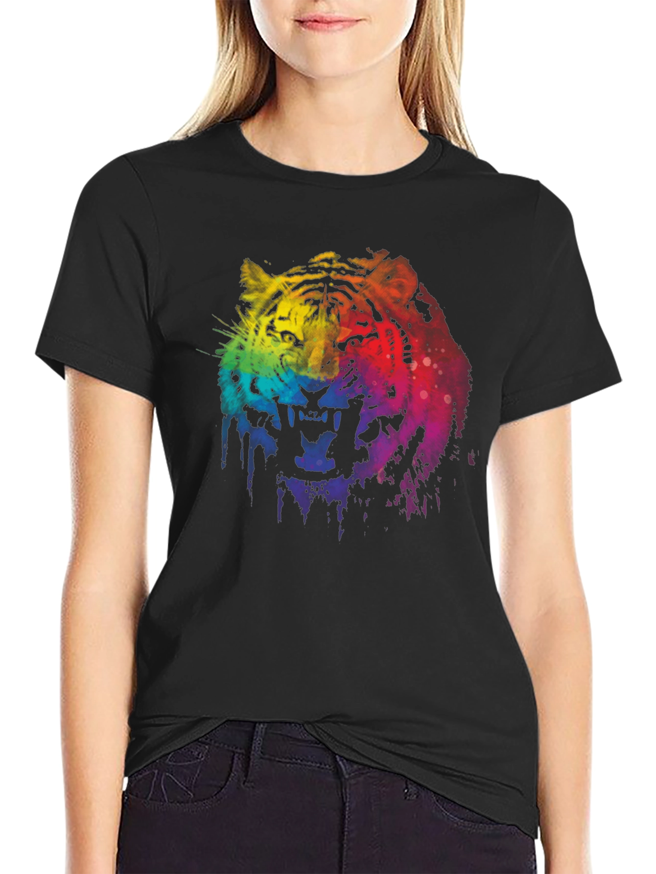 Rainbow Tiger Graphic Print Black T-Shirt