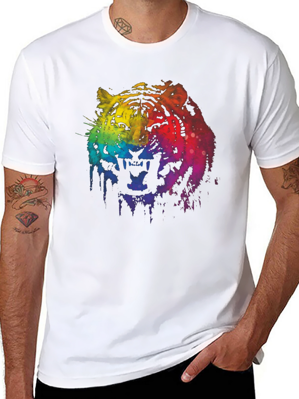 Rainbow Tiger Graphic Print Black T-Shirt