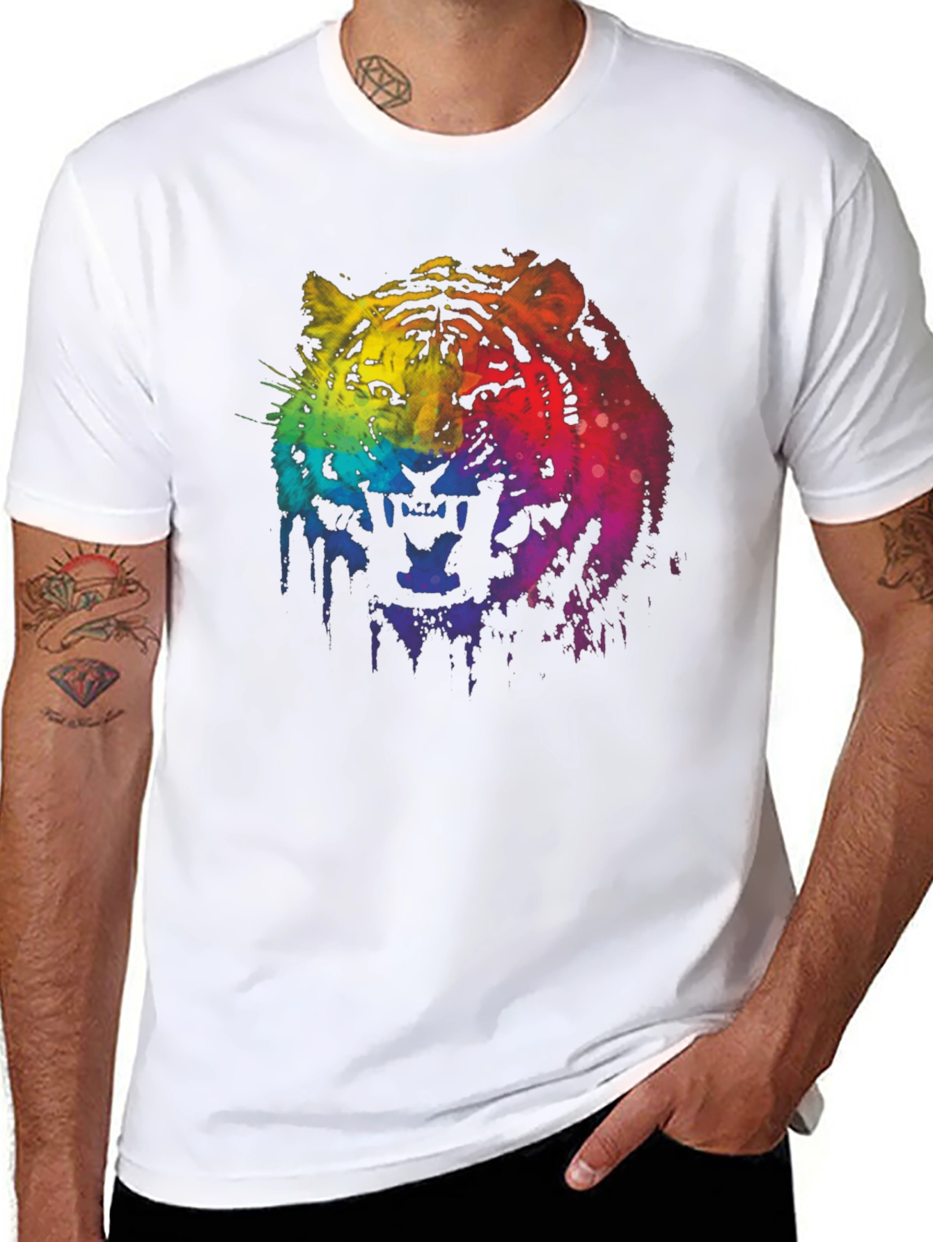 Rainbow Tiger Graphic Print Black T-Shirt