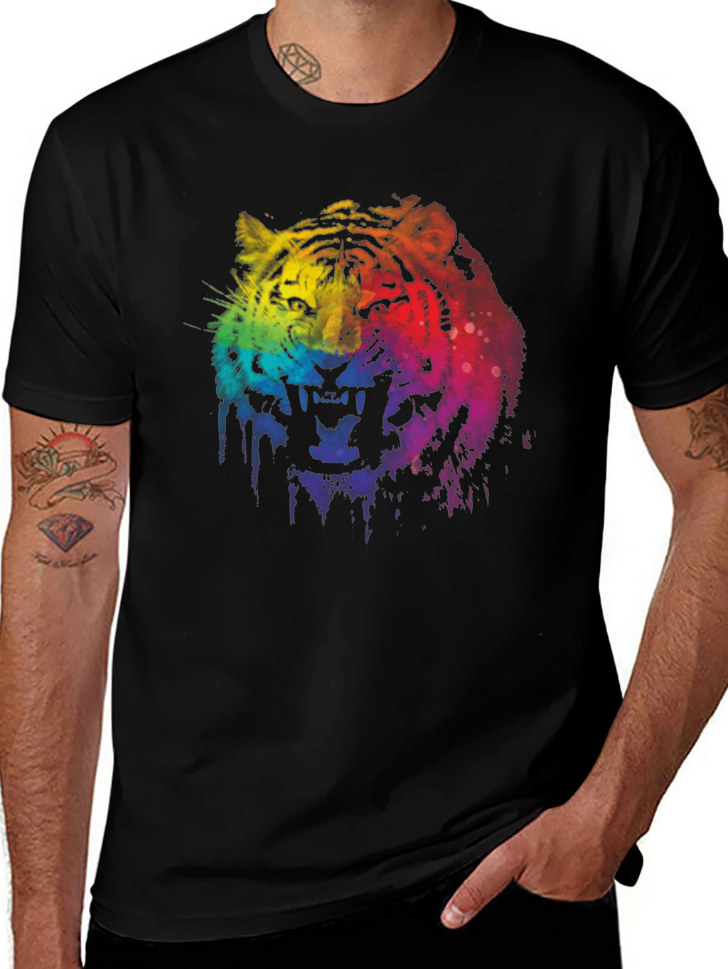 Rainbow Tiger Graphic Print Black T-Shirt