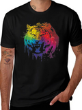 Rainbow Tiger Graphic Print Black T-Shirt