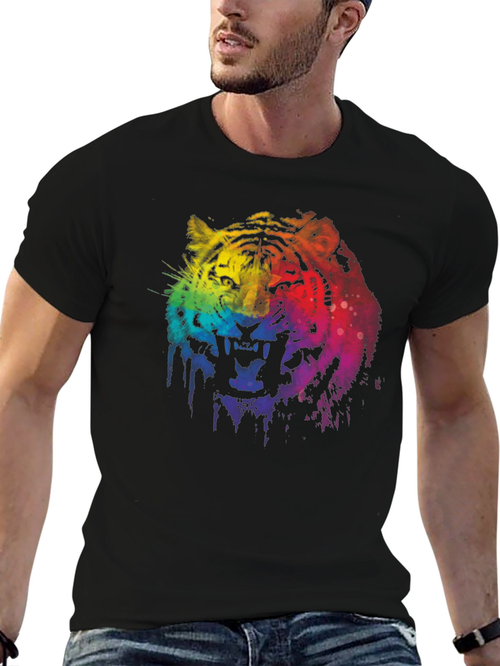 Rainbow Tiger Graphic Print Black T-Shirt