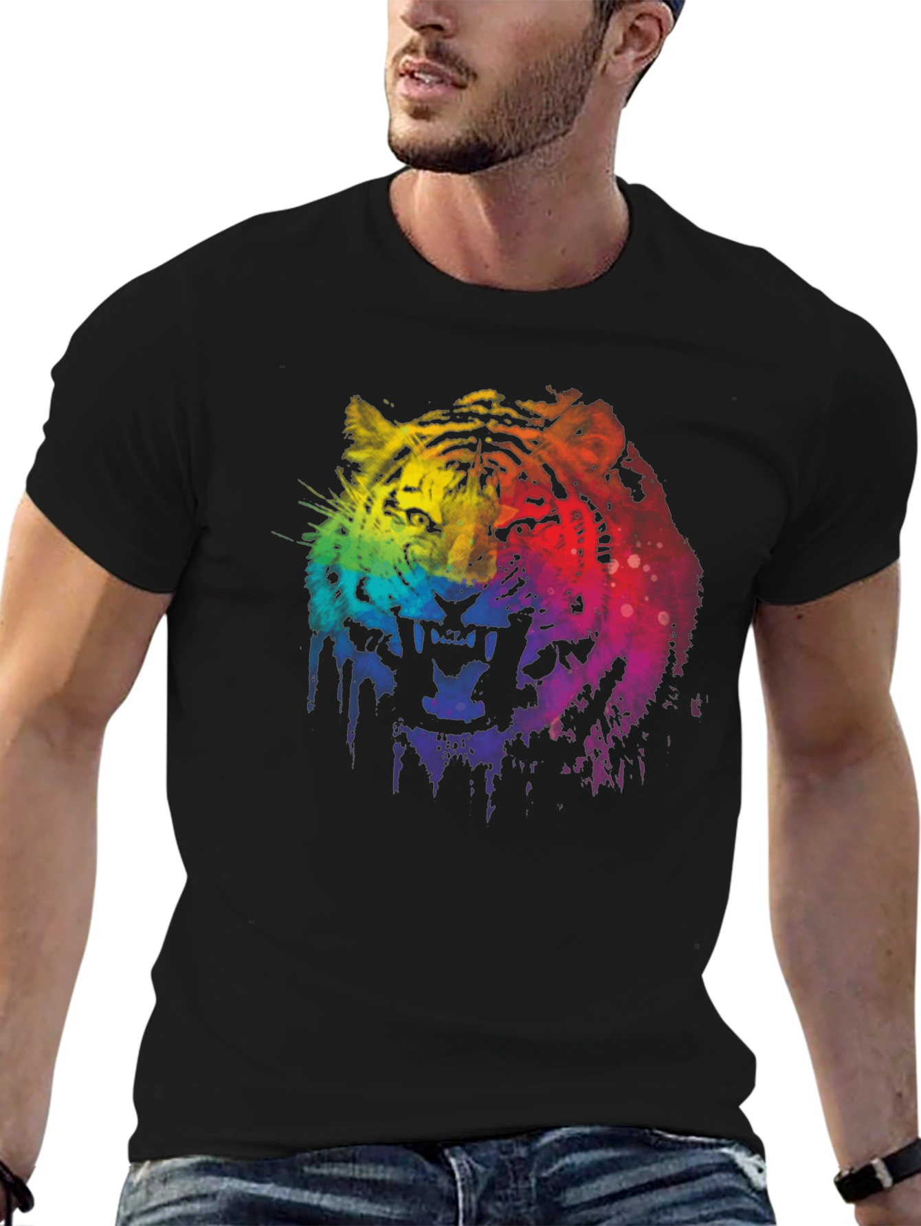Rainbow Tiger Graphic Print Black T-Shirt