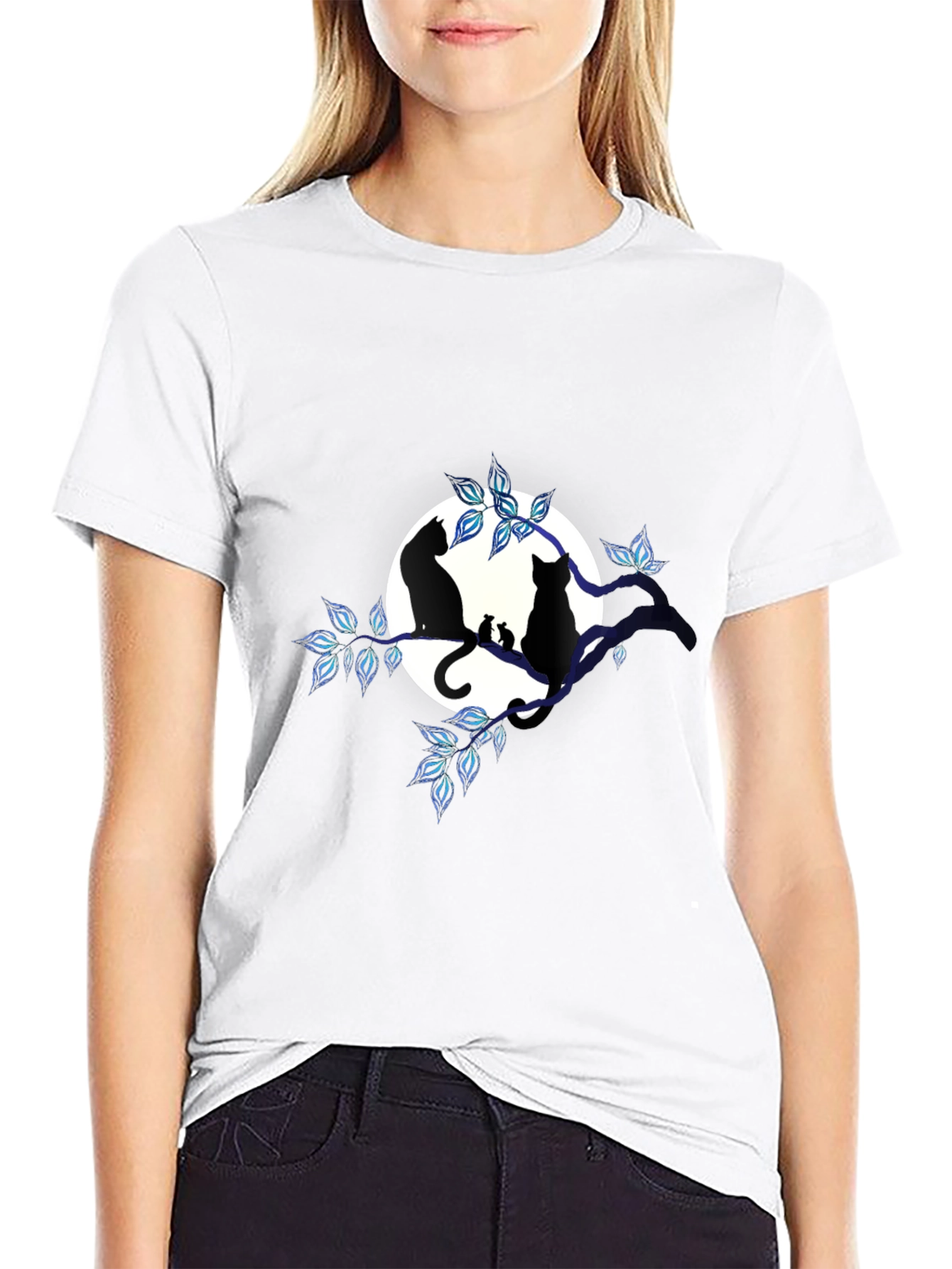 Cat & Moon Graphic Tee - Unisex Black T-Shirt