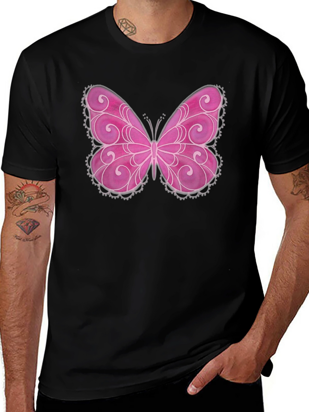 Pink Butterfly Graphic Black T-Shirt