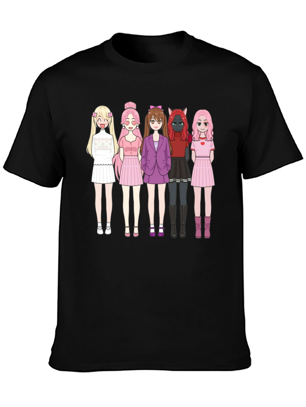 Anime Girl Group Graphic Black Cotton T-Shirt
