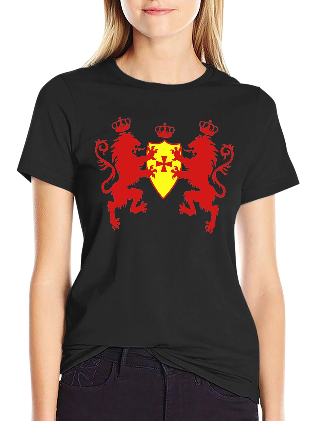 Heraldic Lions & Crown Shield Black T-Shirt