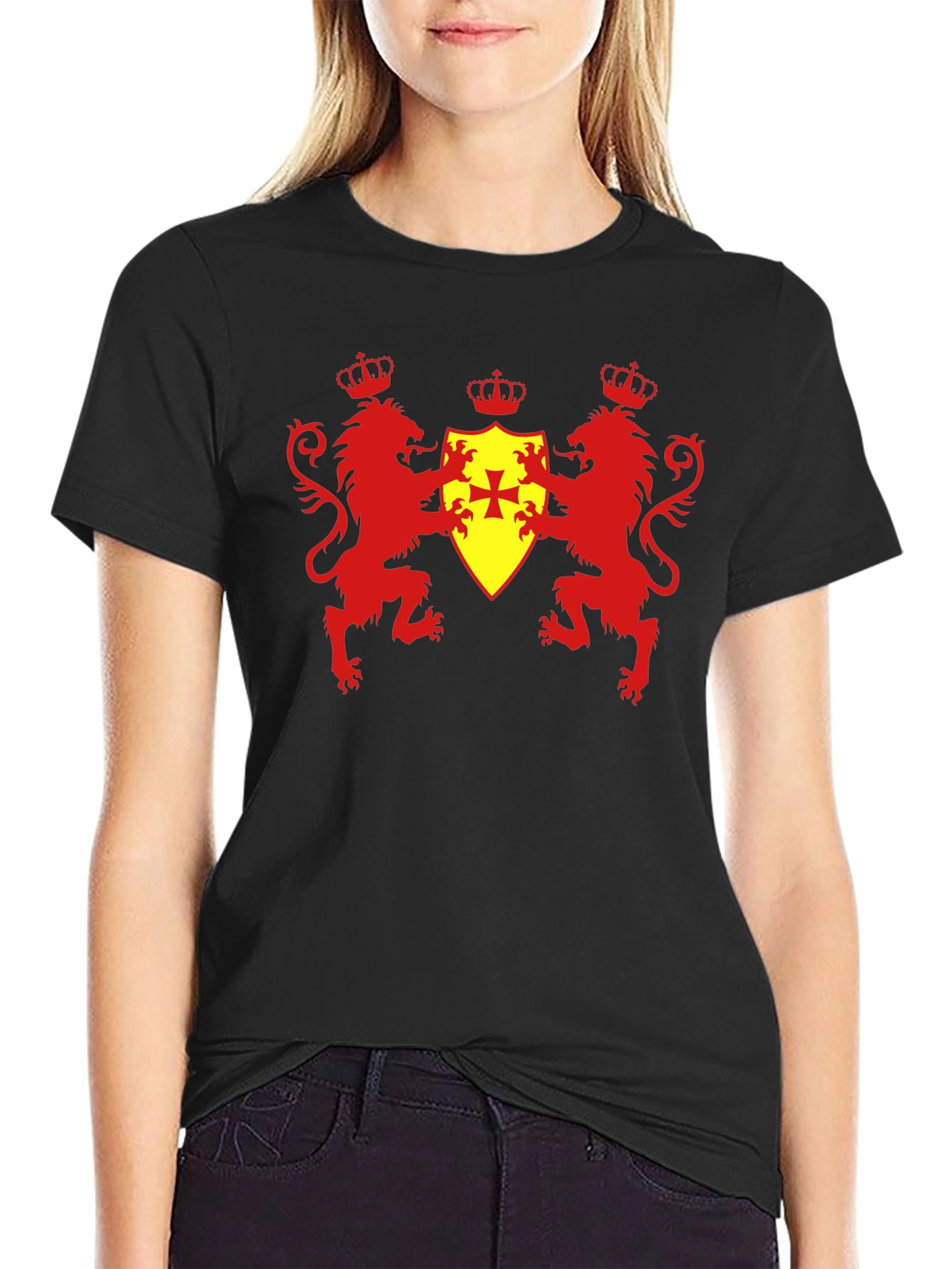 Heraldic Lions & Crown Shield Black T-Shirt