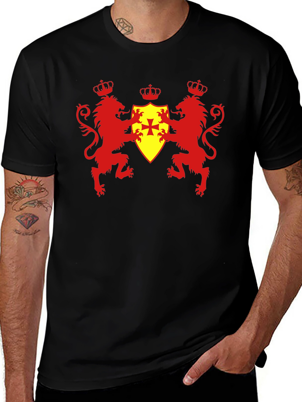 Heraldic Lions & Crown Shield Black T-Shirt