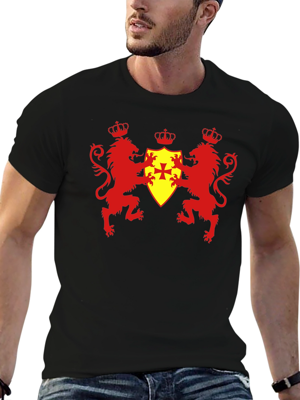 Heraldic Lions & Crown Shield Black T-Shirt