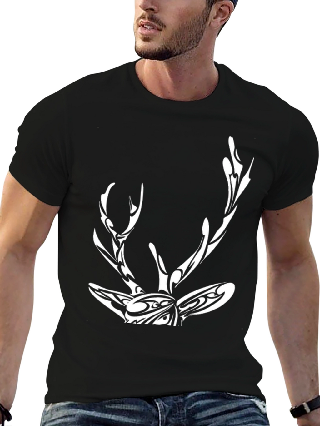 Tribal Deer Graphic Print Black T-Shirt