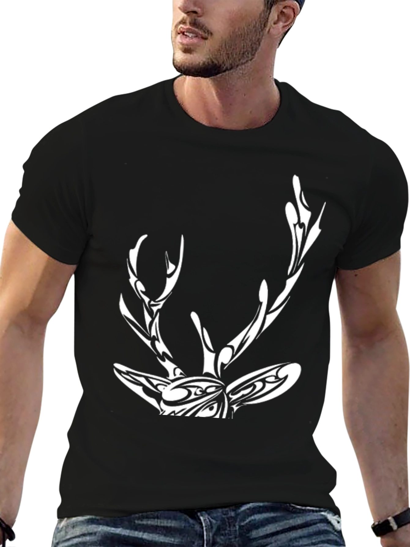 Tribal Deer Graphic Print Black T-Shirt