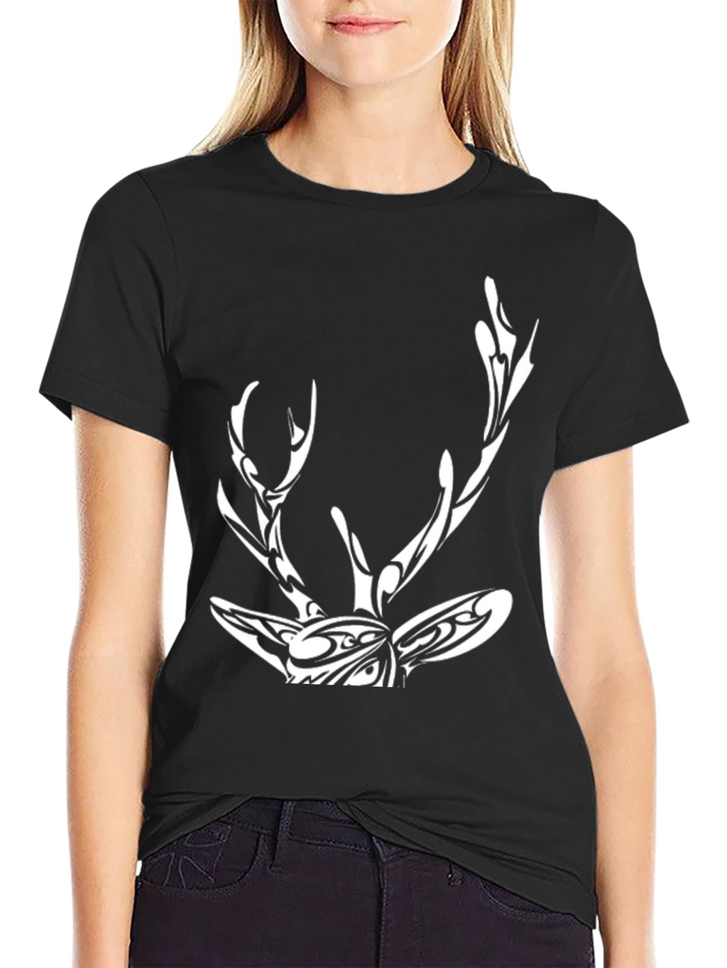 Tribal Deer Graphic Print Black T-Shirt