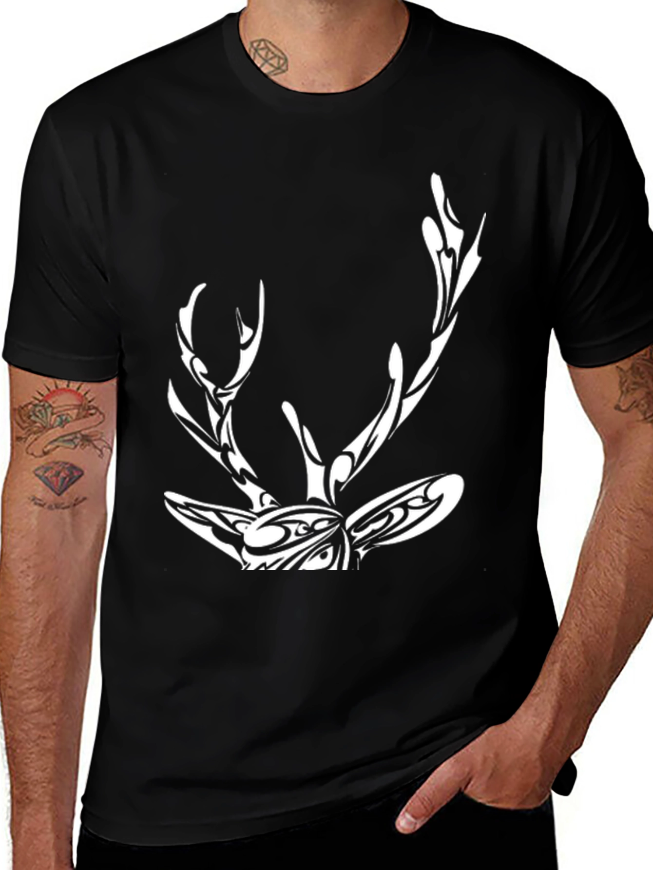 Tribal Deer Graphic Print Black T-Shirt