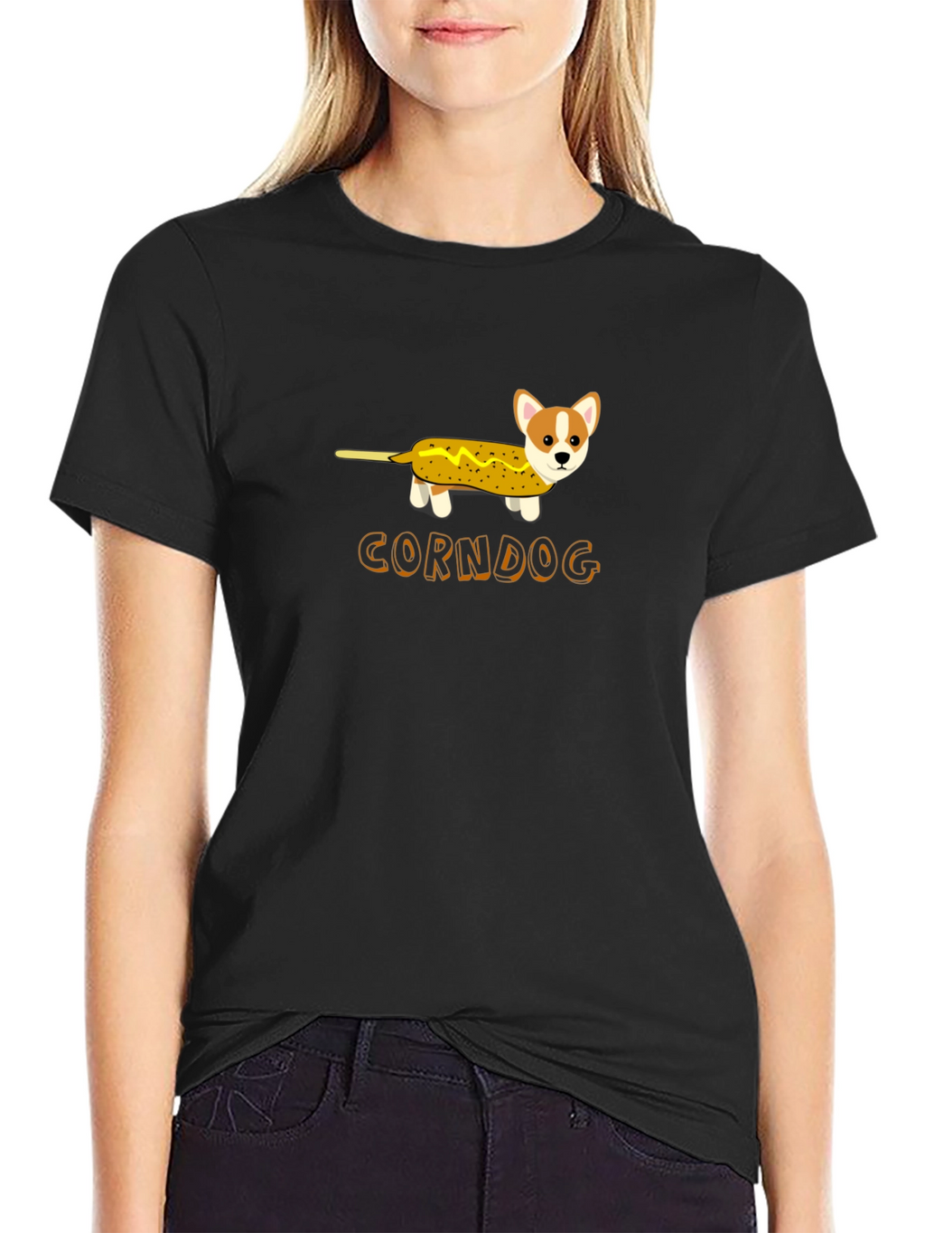 Funny Corndog Corgi Black T-Shirt