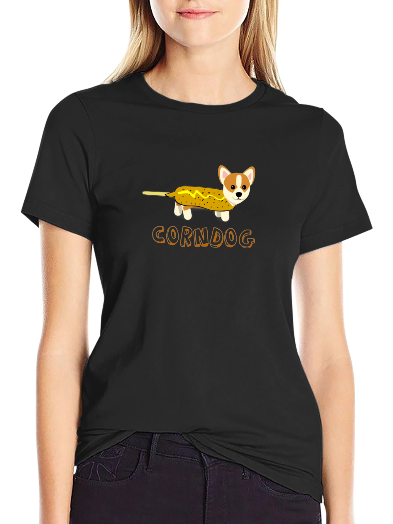 Funny Corndog Corgi Black T-Shirt