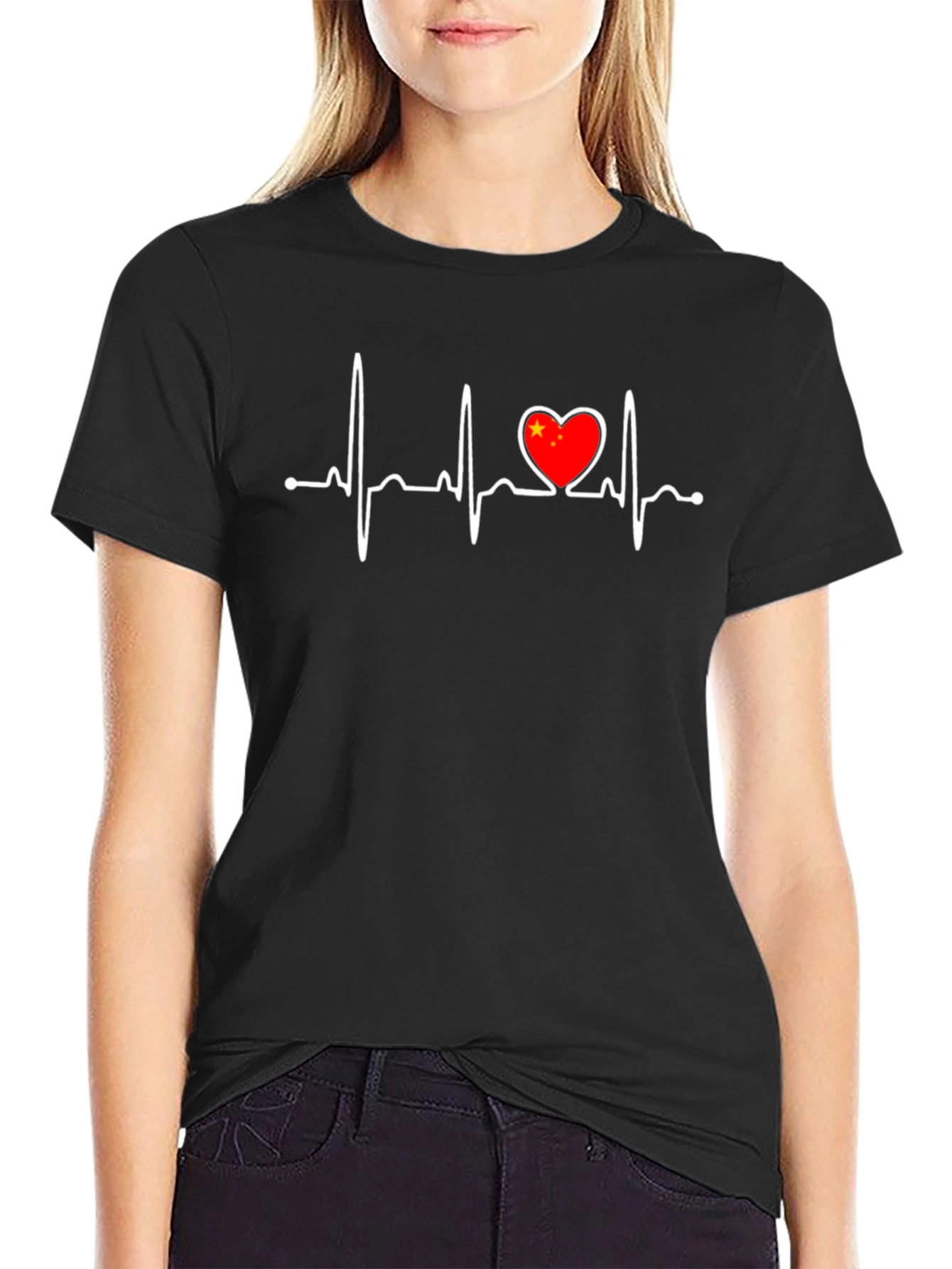 Heartbeat China Flag Graphic Tee - Black Crew Neck T-Shirt