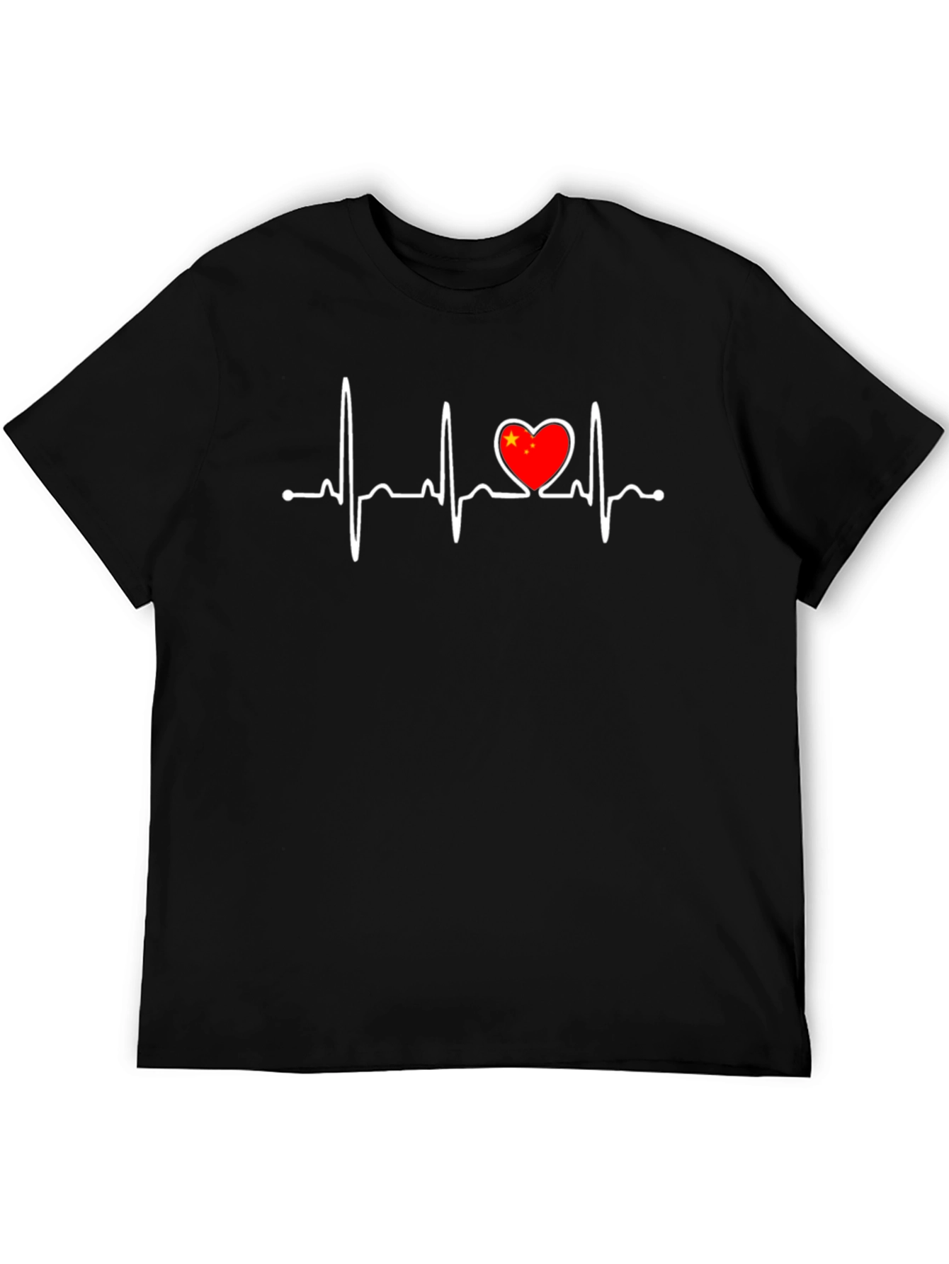 Heartbeat China Flag Graphic Tee - Black Crew Neck T-Shirt