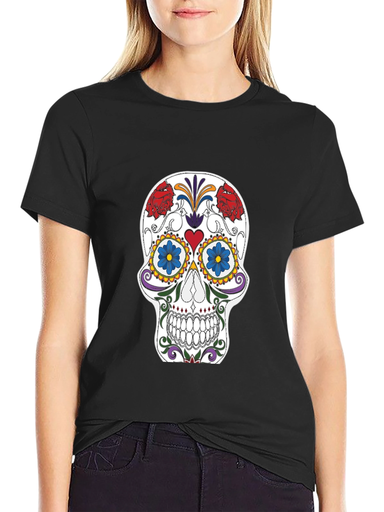 Sugar Skull Graphic Tee - Black Cotton