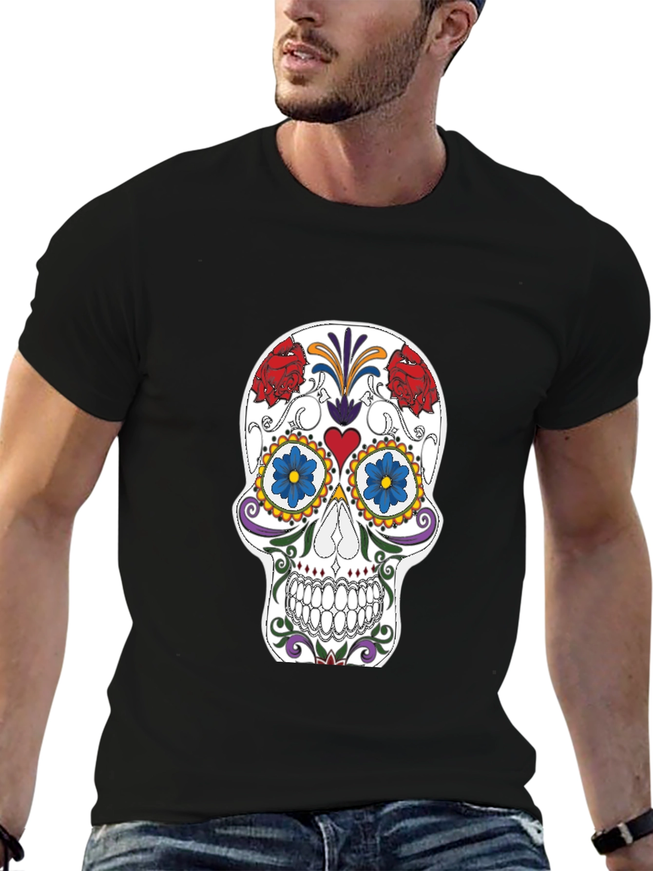 Sugar Skull Graphic Tee - Black Cotton