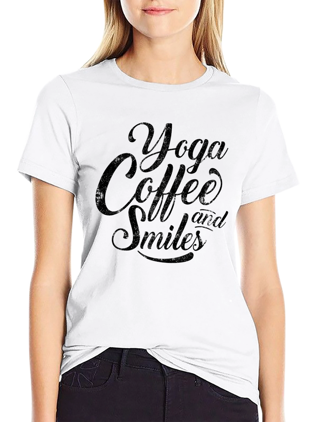 Yoga Coffee and Smiles Black T-Shirt