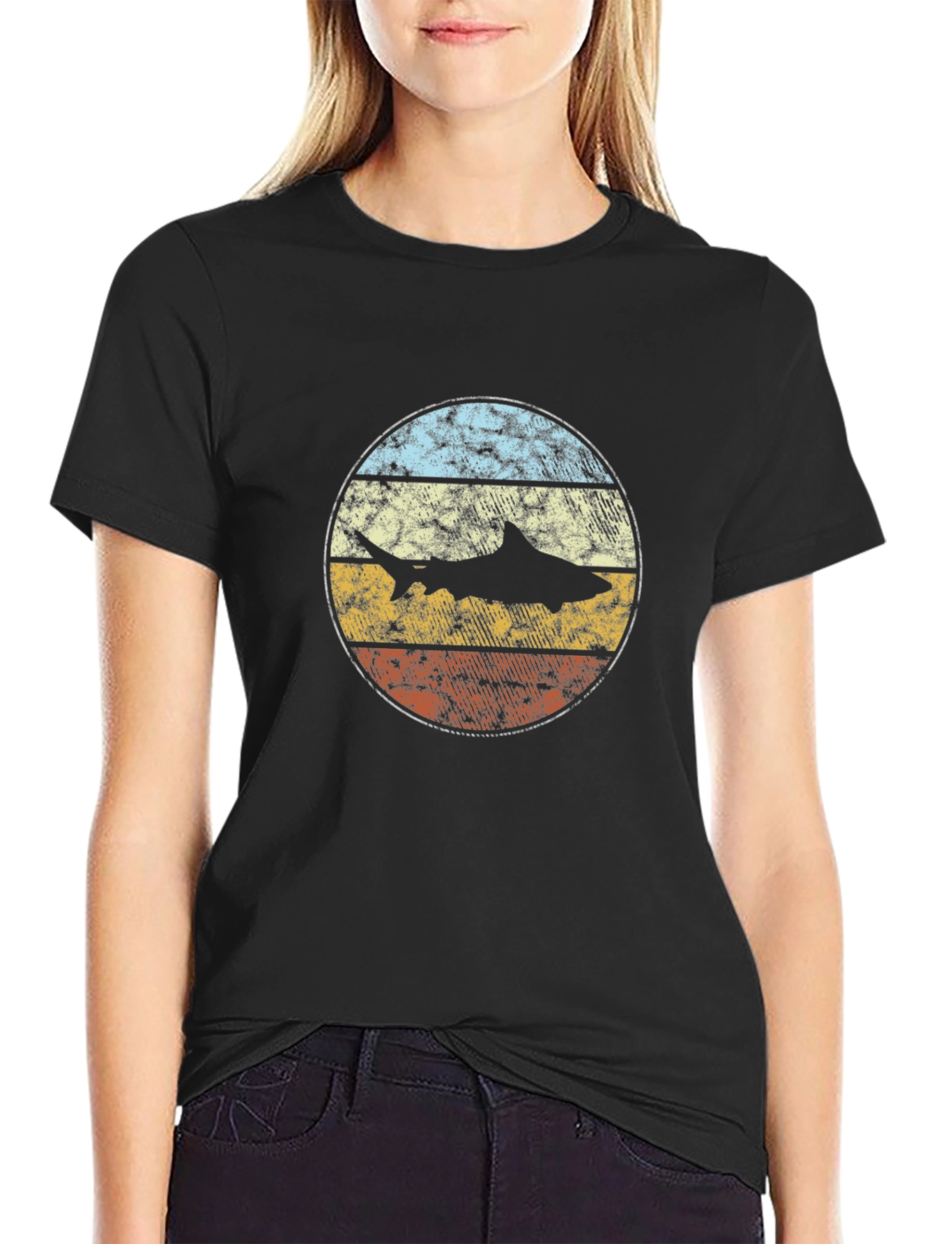 Retro Shark Graphic Tee - Vintage Style Black T-Shirt