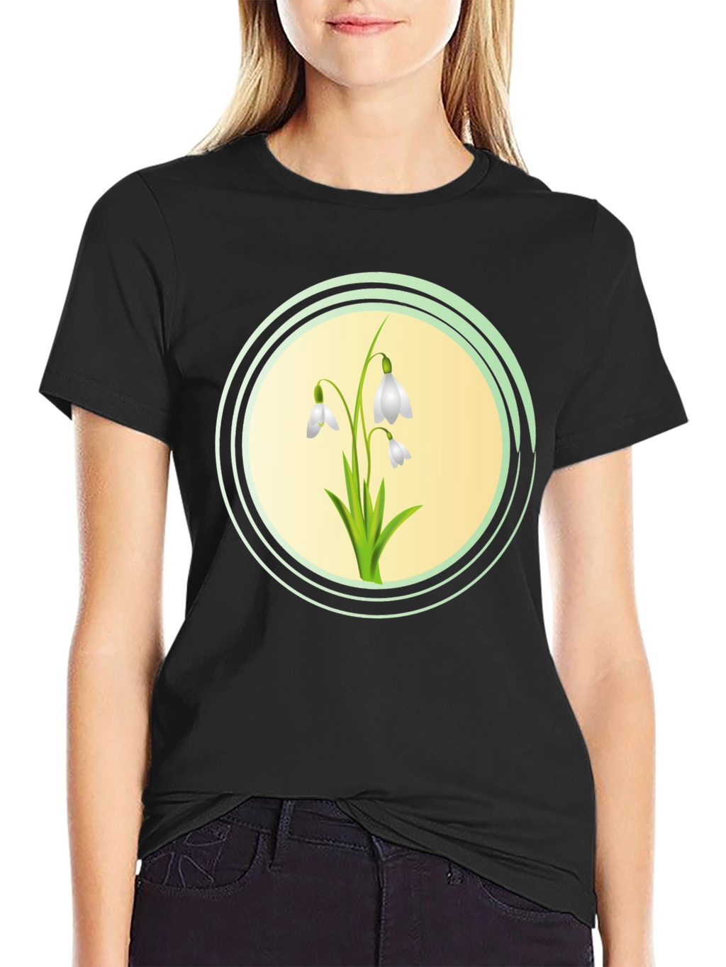 Snowdrop Flower Graphic Black T-Shirt