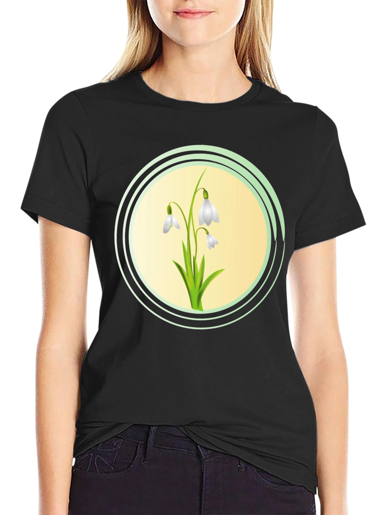 Snowdrop Flower Graphic Black T-Shirt