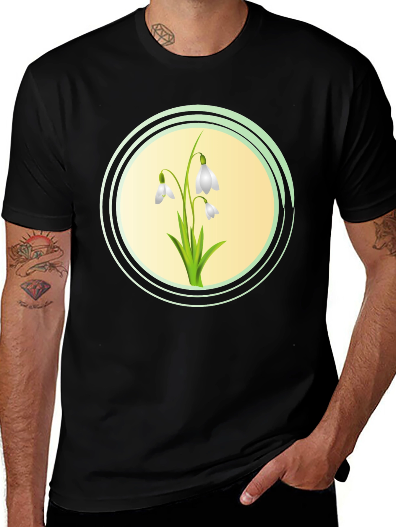Snowdrop Flower Graphic Black T-Shirt