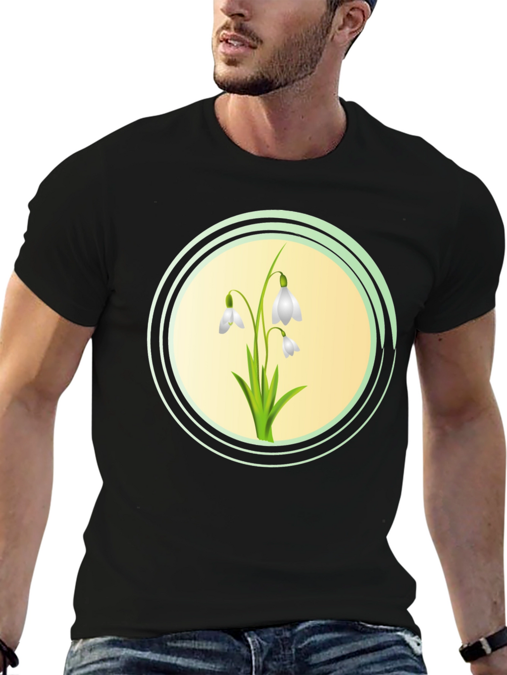 Snowdrop Flower Graphic Black T-Shirt