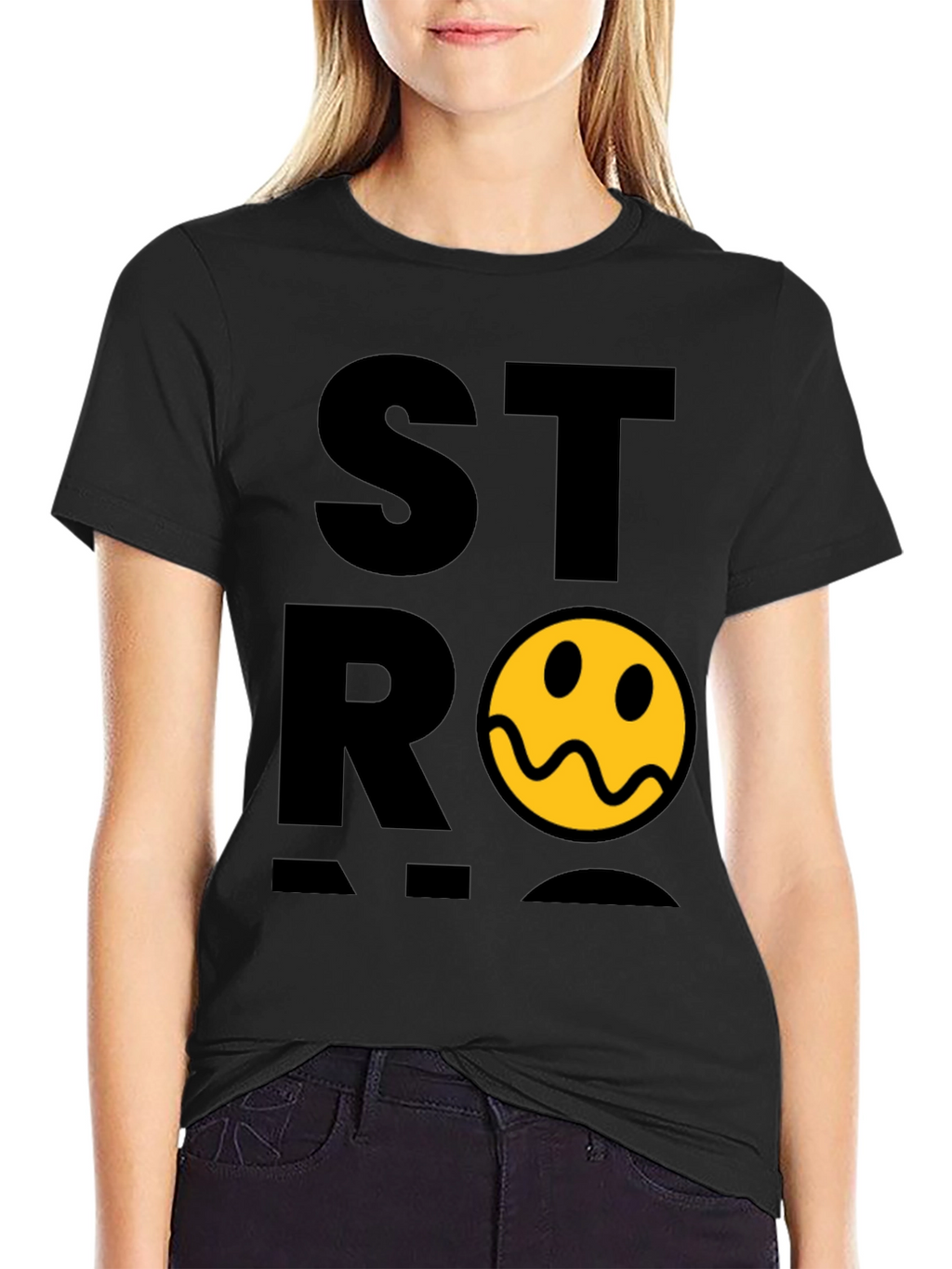 Stylish Black T-Shirt with Distorted Smiley Graphic