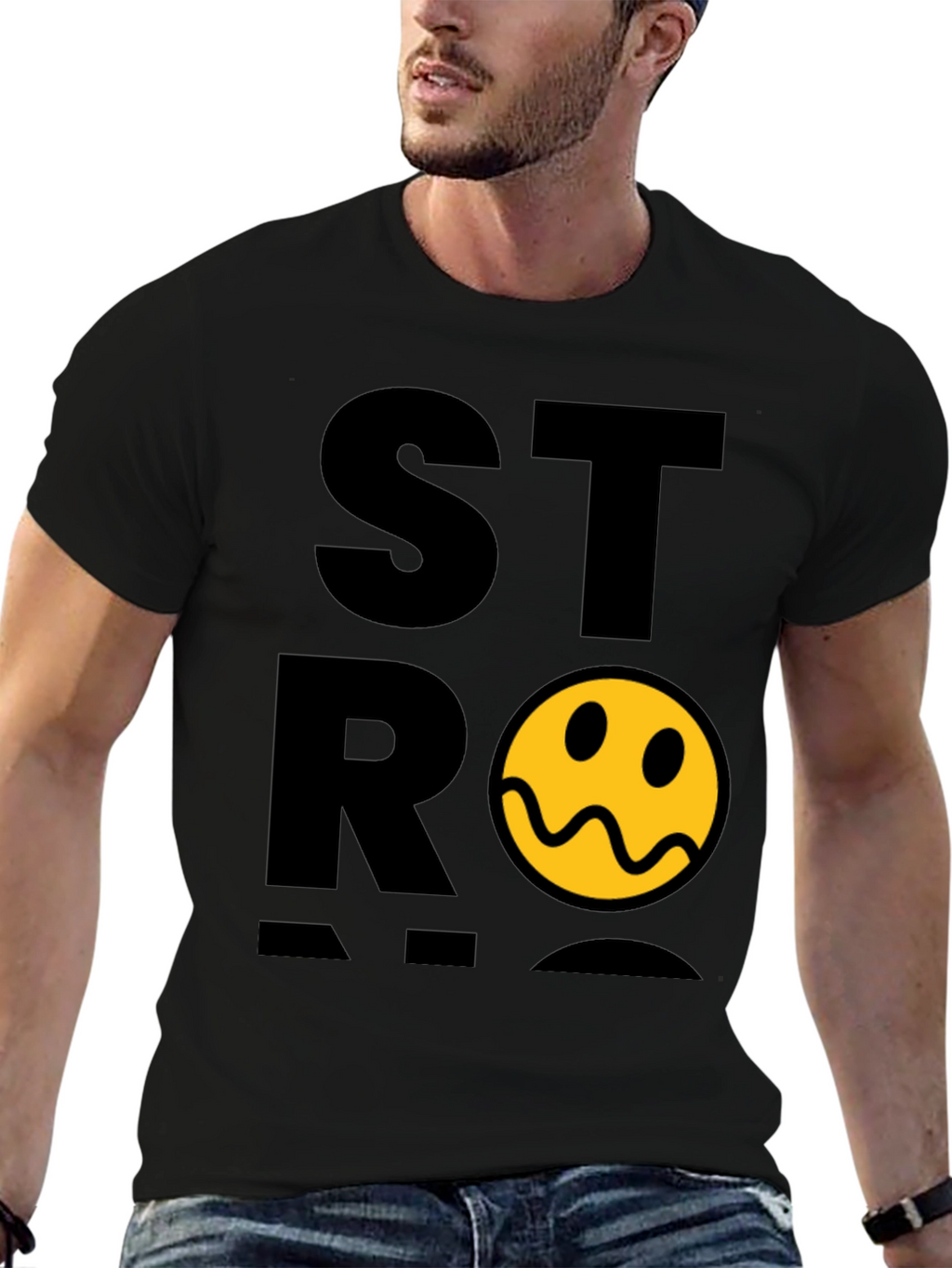Stylish Black T-Shirt with Distorted Smiley Graphic