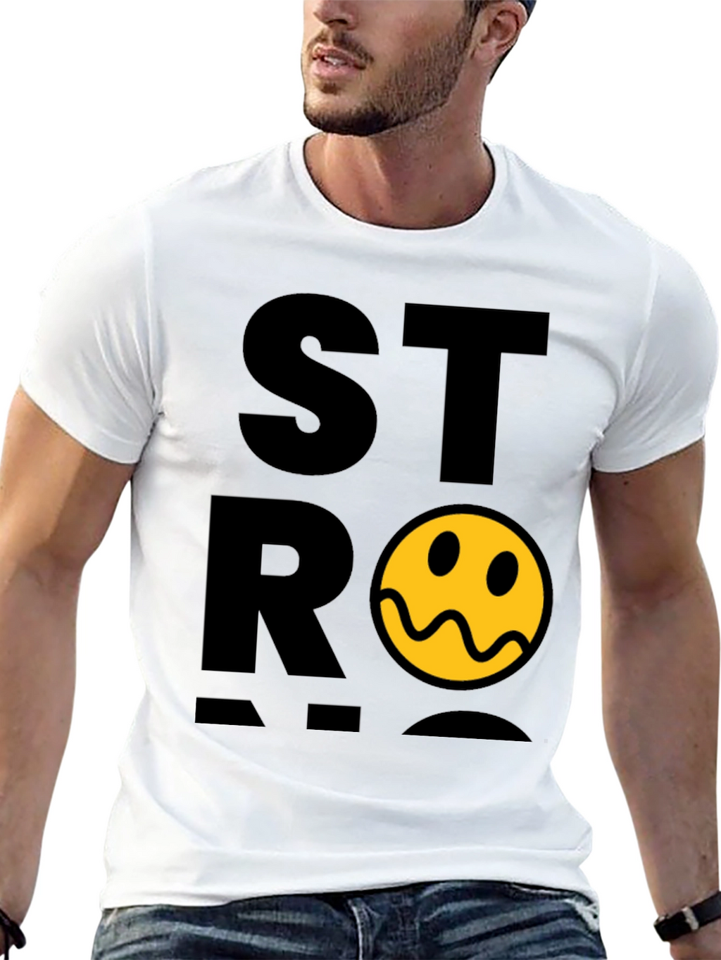 Stylish Black T-Shirt with Distorted Smiley Graphic
