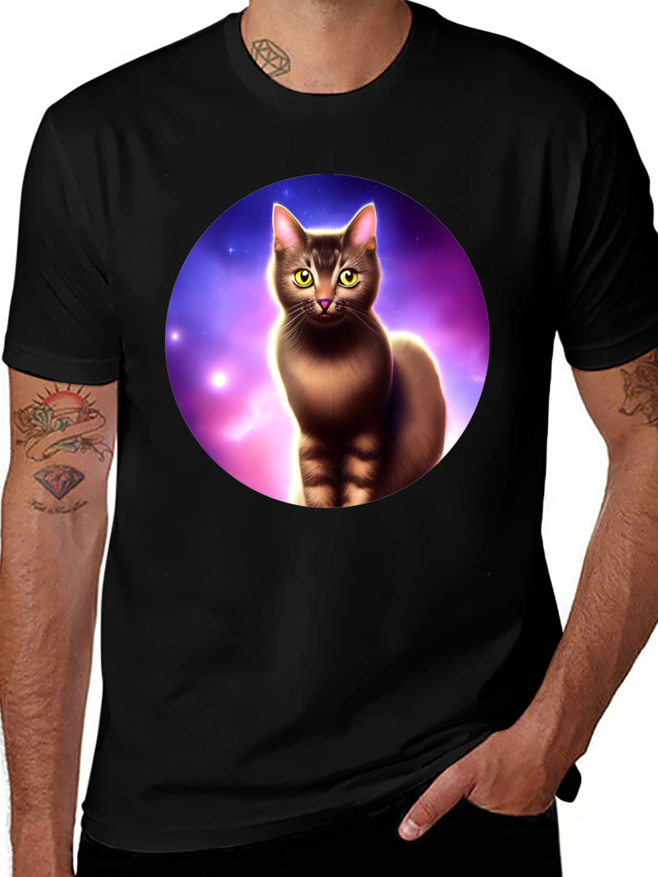 Cosmic Cat Graphic Tee - Black Cotton Comfort