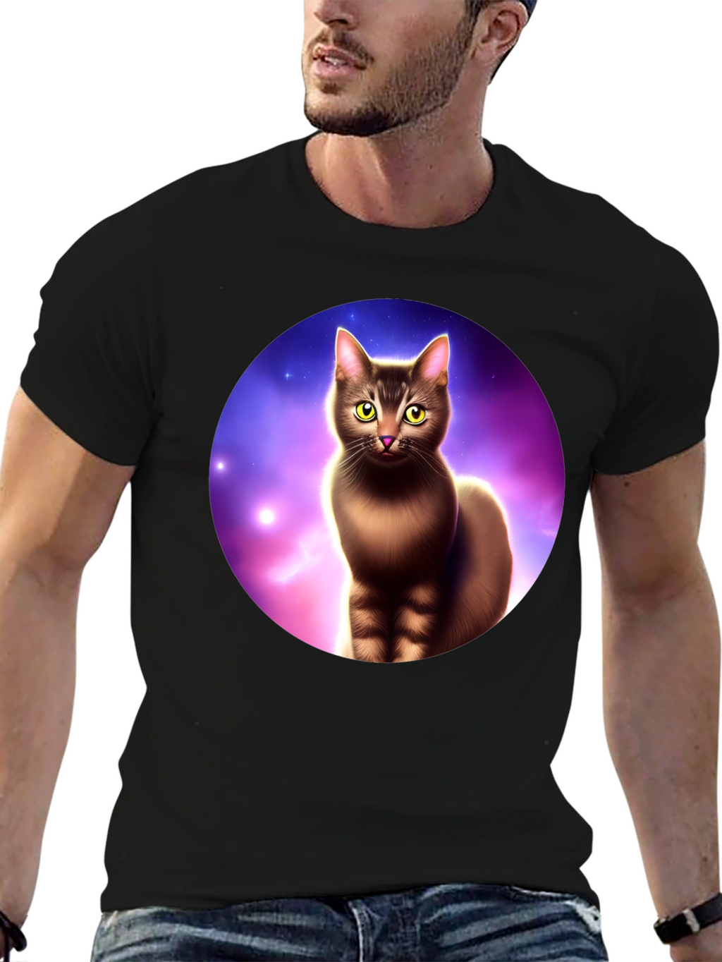 Cosmic Cat Graphic Tee - Black Cotton Comfort
