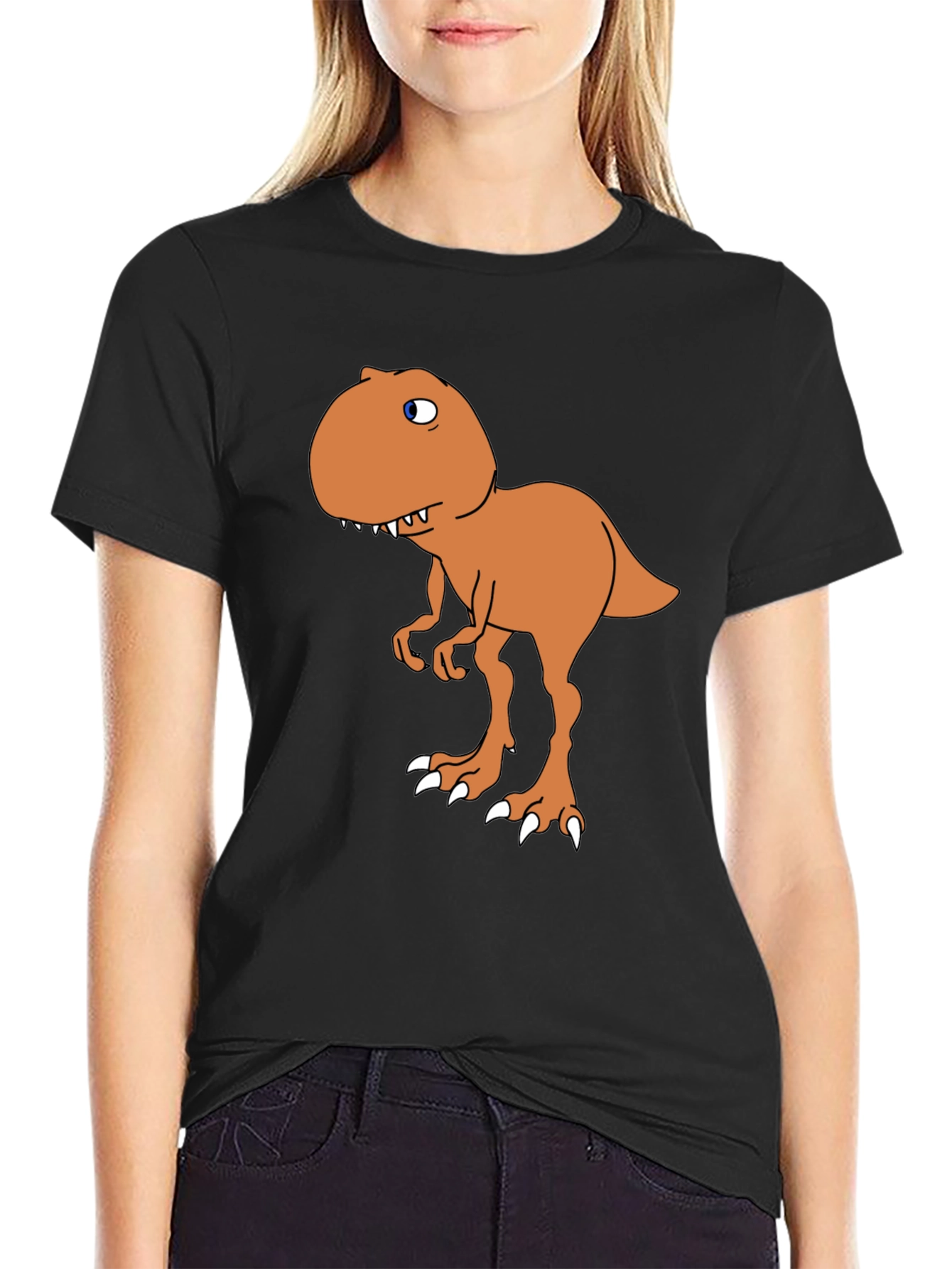 Cartoon Dinosaur Graphic Tee - Black
