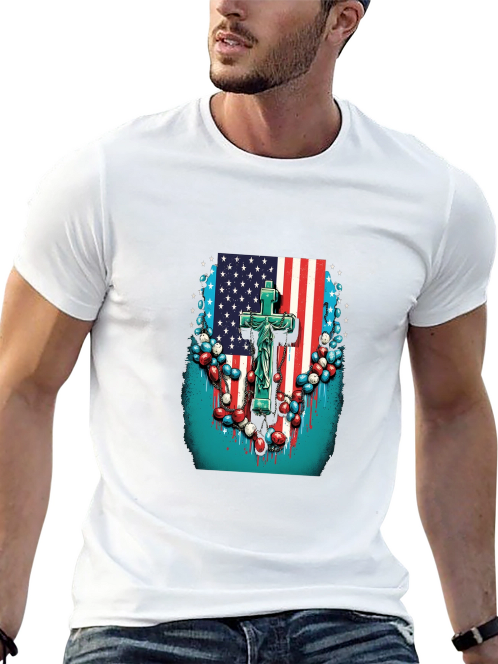 American Flag Cross Graphic Black T-Shirt