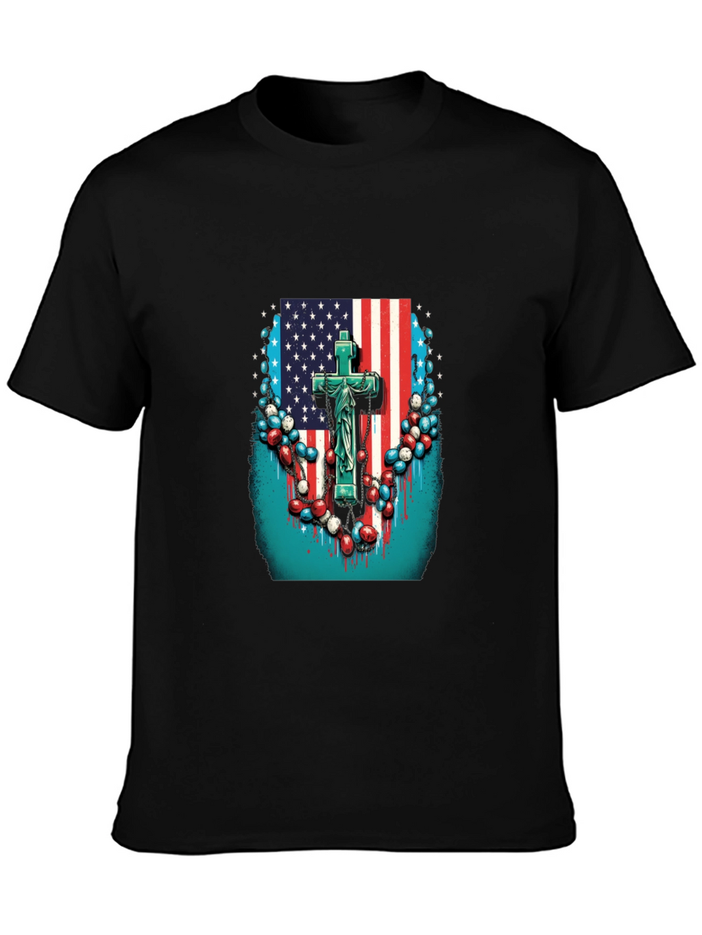 American Flag Cross Graphic Black T-Shirt