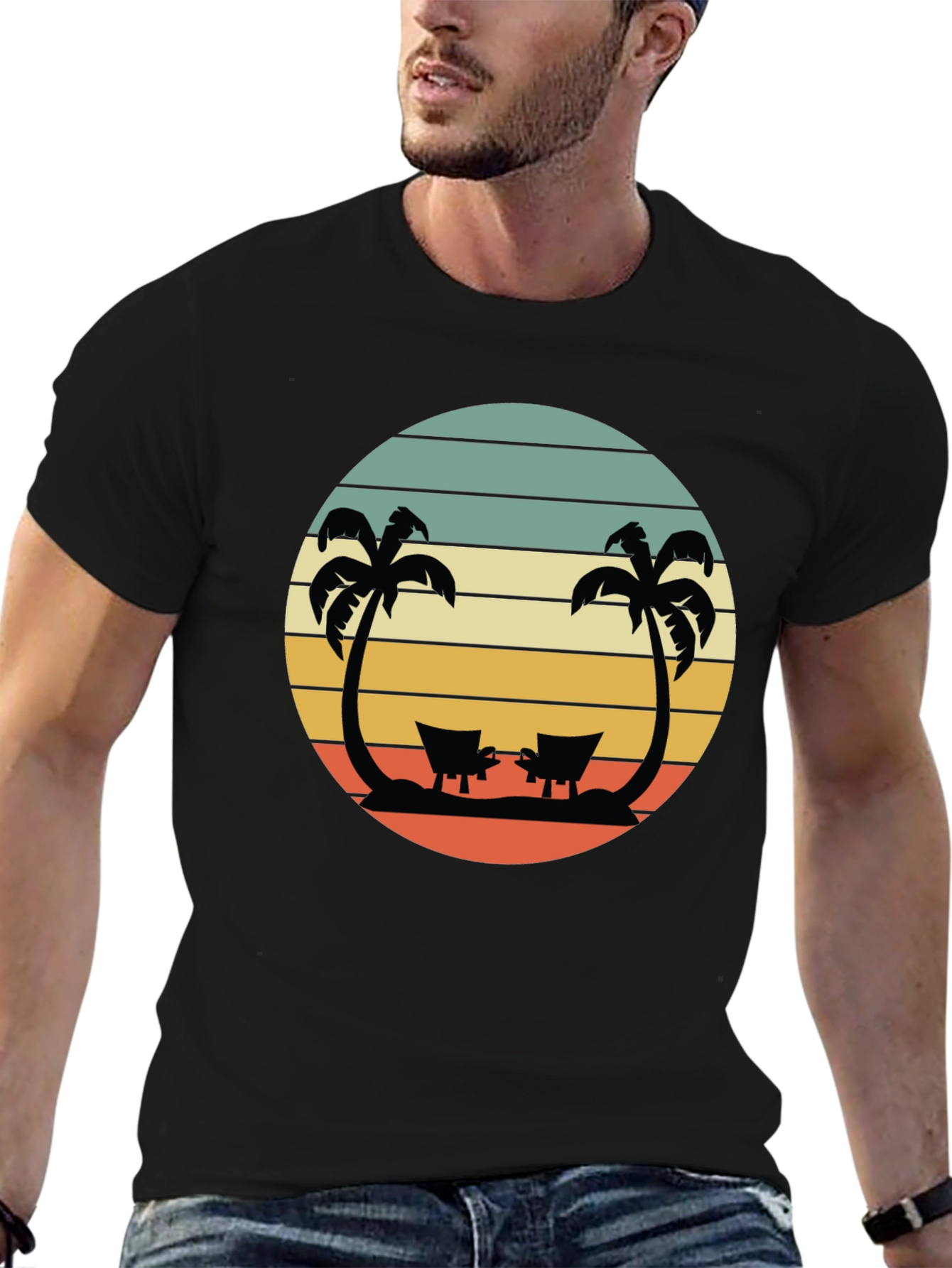 Retro Beach T-Shirt - Relaxing Palm Tree Sunset Design