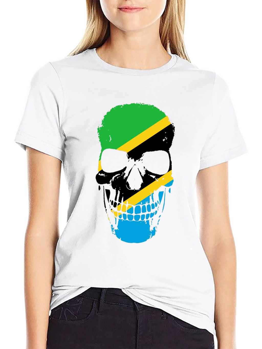 Tanzania Flag Skull Graphic Black T-Shirt