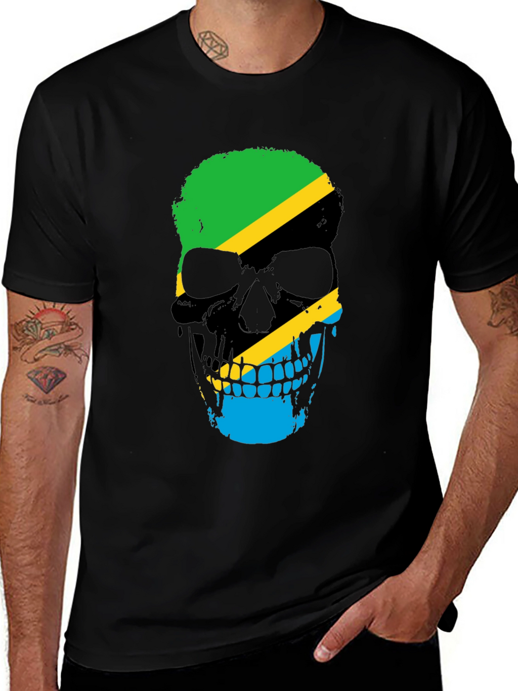 Tanzania Flag Skull Graphic Black T-Shirt