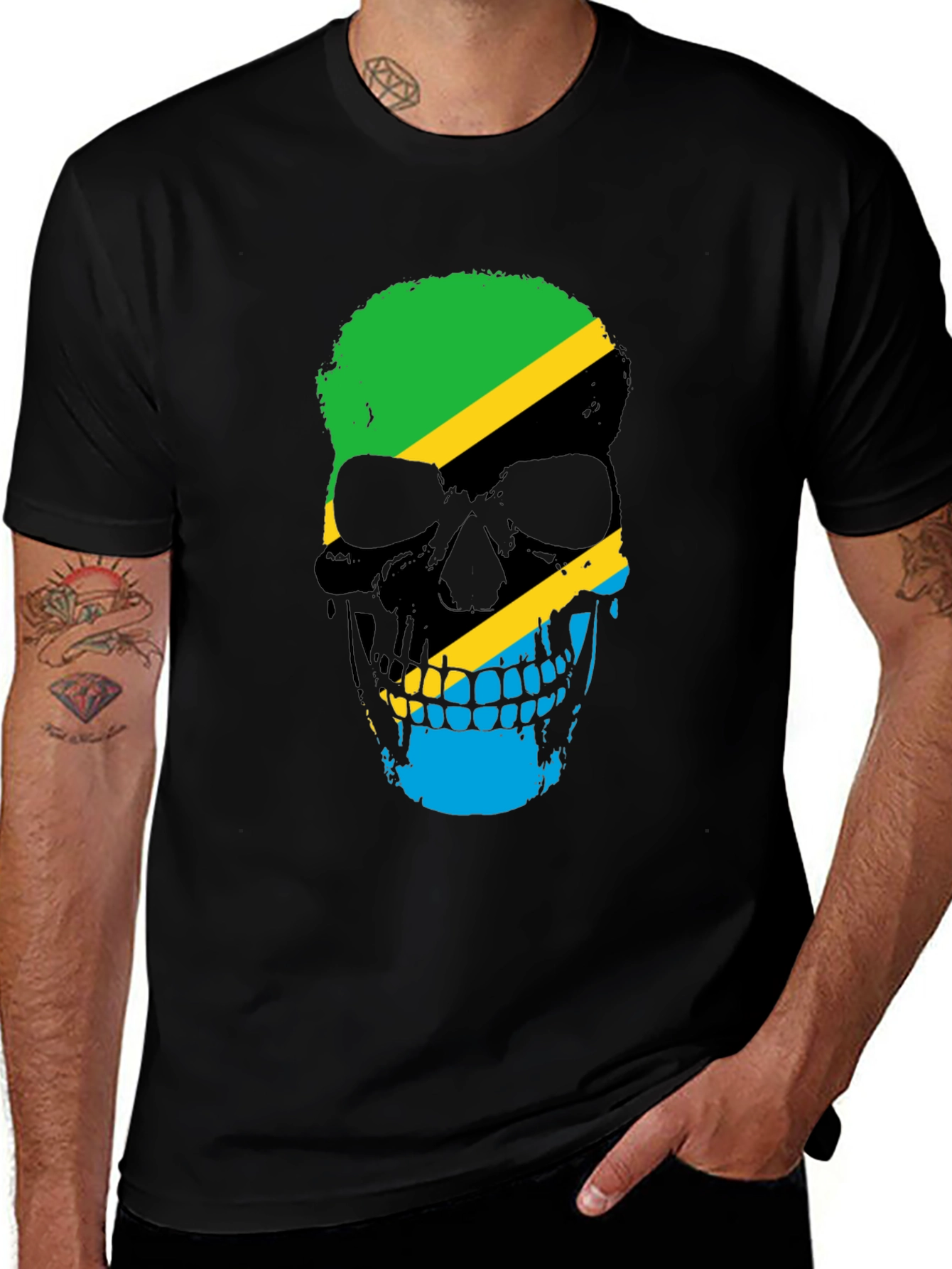 Tanzania Flag Skull Graphic Black T-Shirt