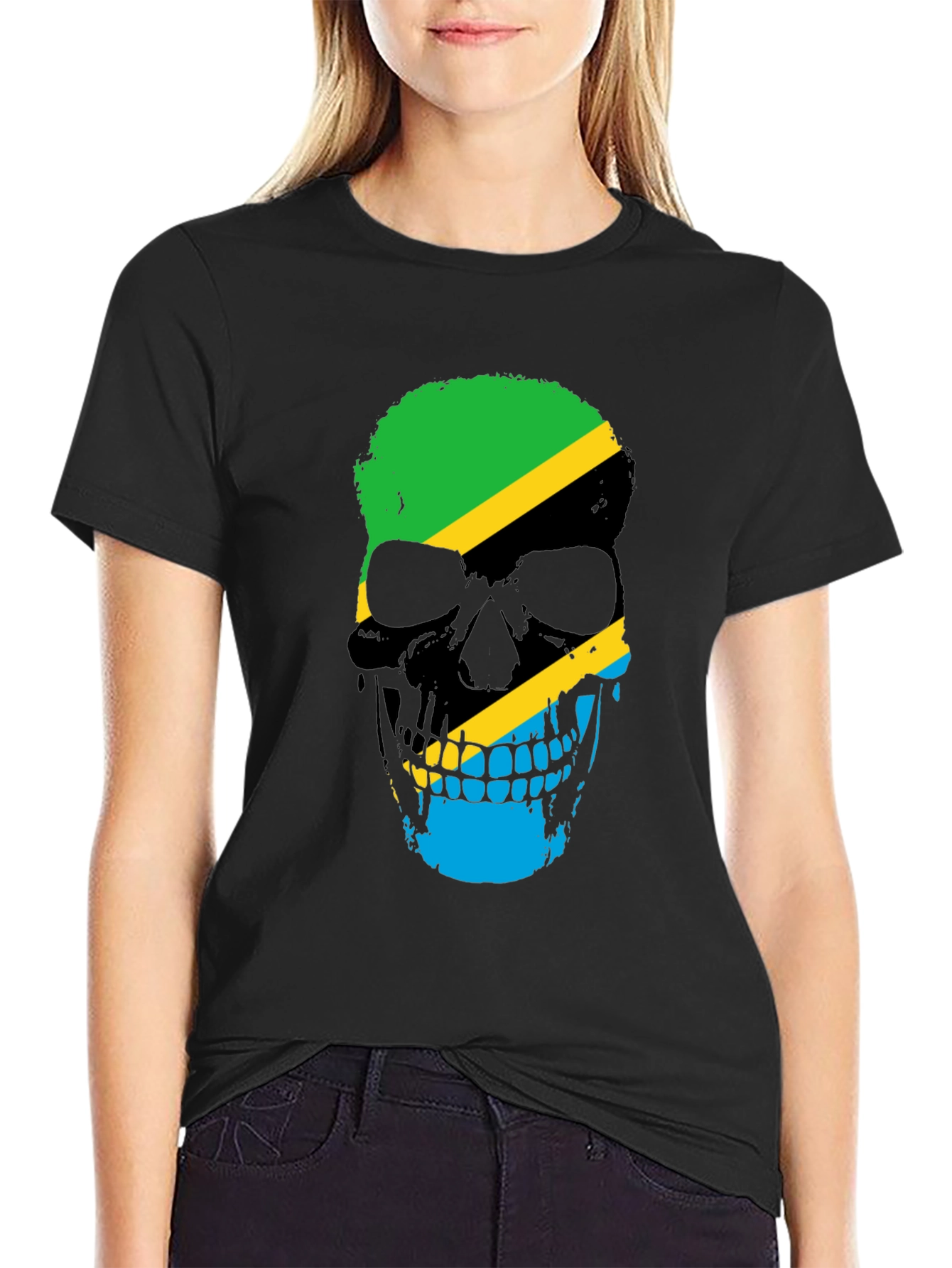 Tanzania Flag Skull Graphic Black T-Shirt