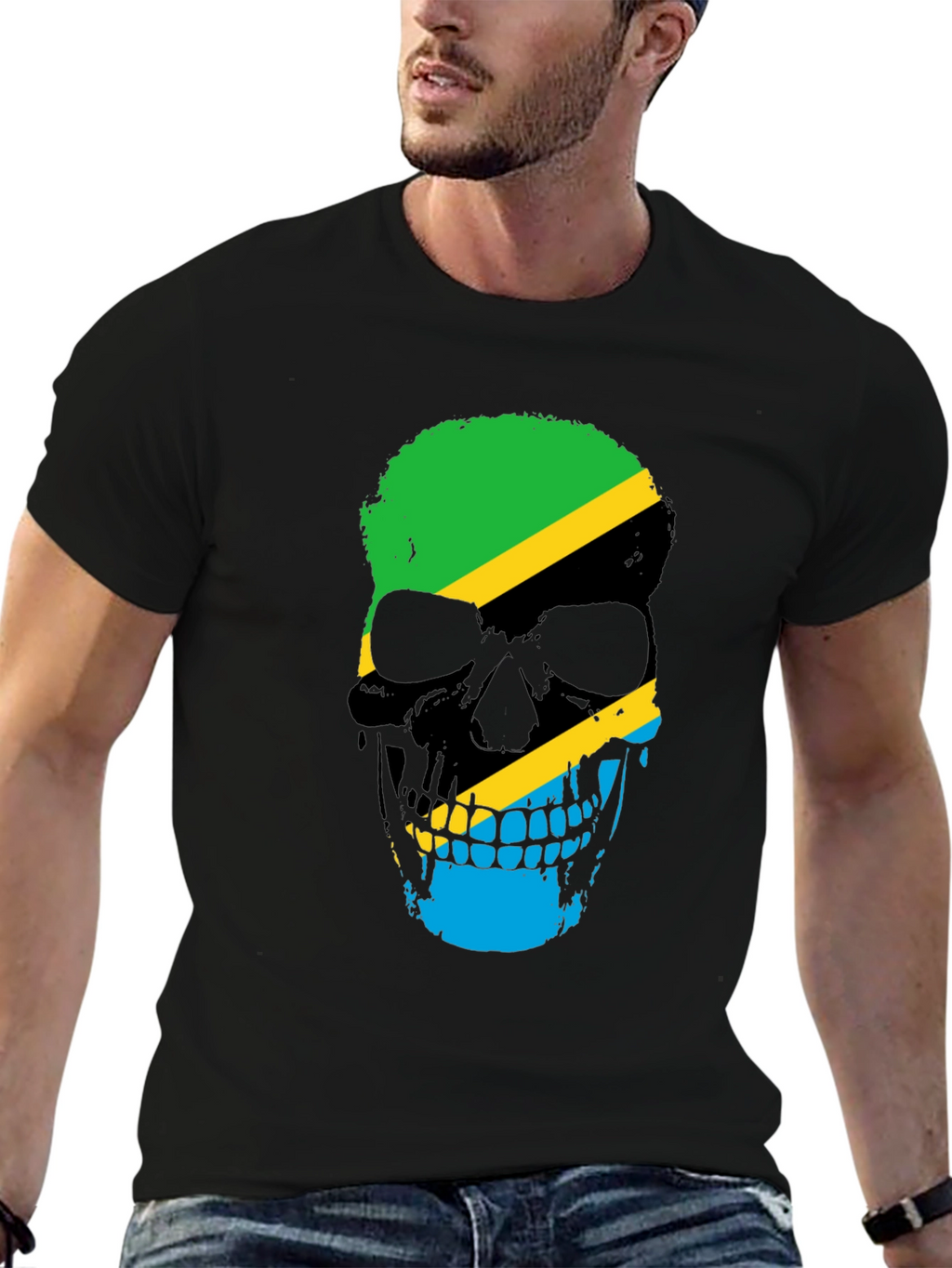 Tanzania Flag Skull Graphic Black T-Shirt