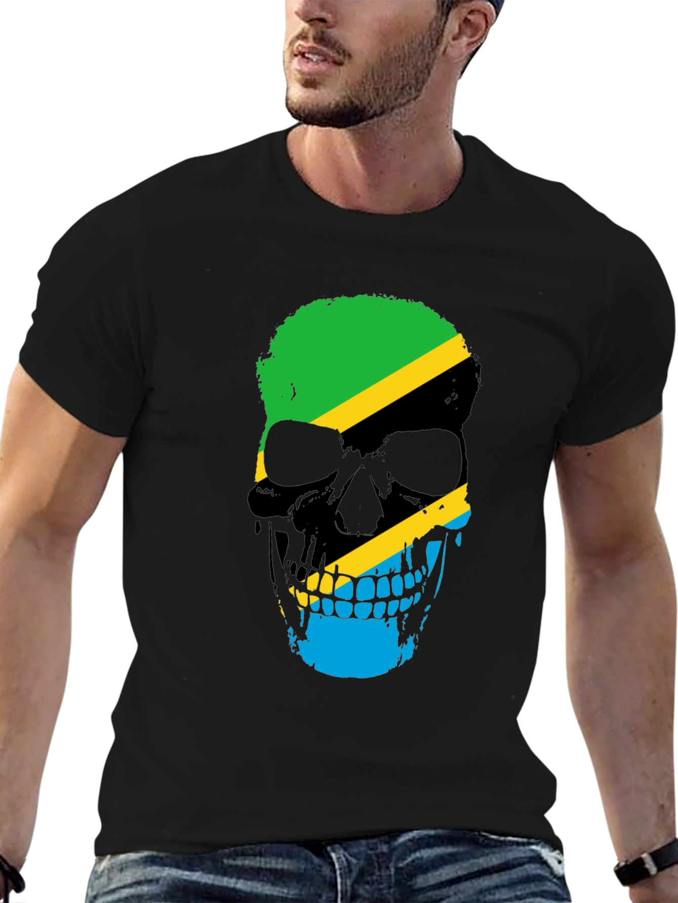Tanzania Flag Skull Graphic Black T-Shirt