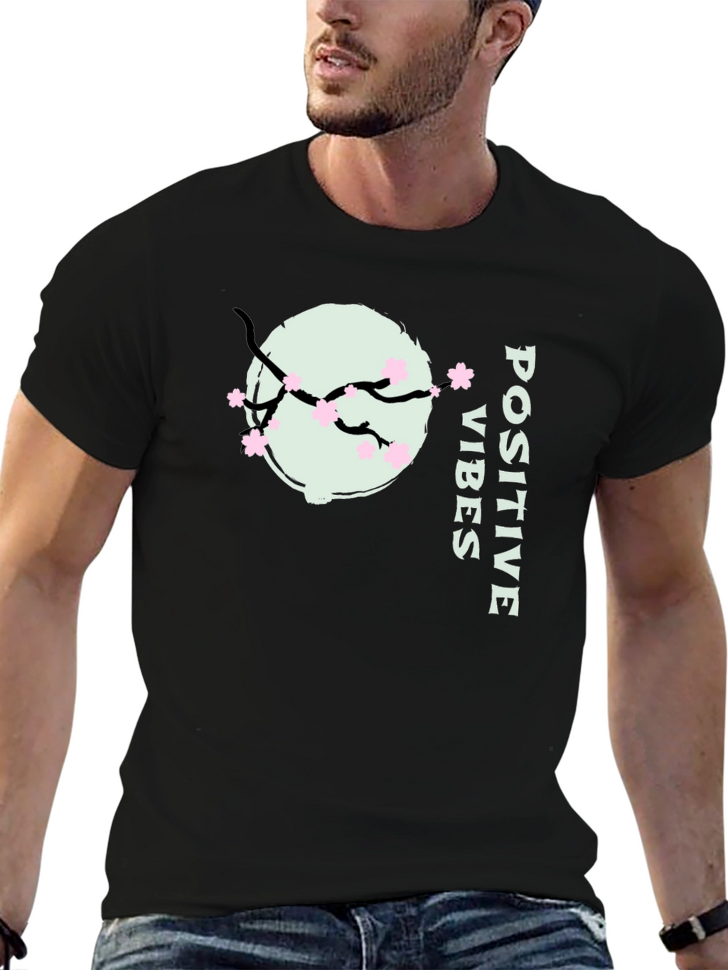 Positive Vibes Cherry Blossom Graphic Tee - Black